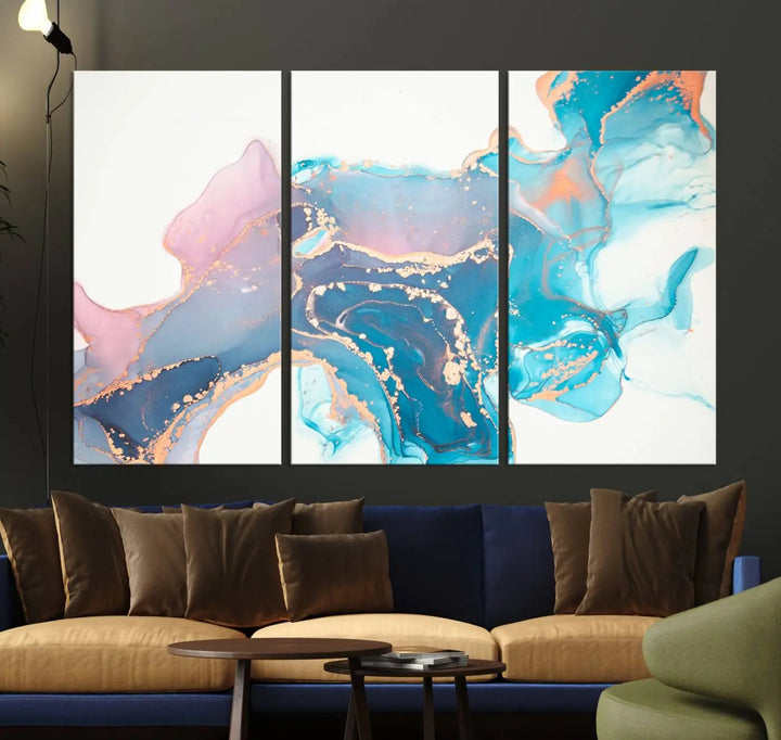 The "Pink and Blue Marble Fluid Effect Wall Art Abstract Canvas Wall Art Print," coated with UV protection, is displayed.