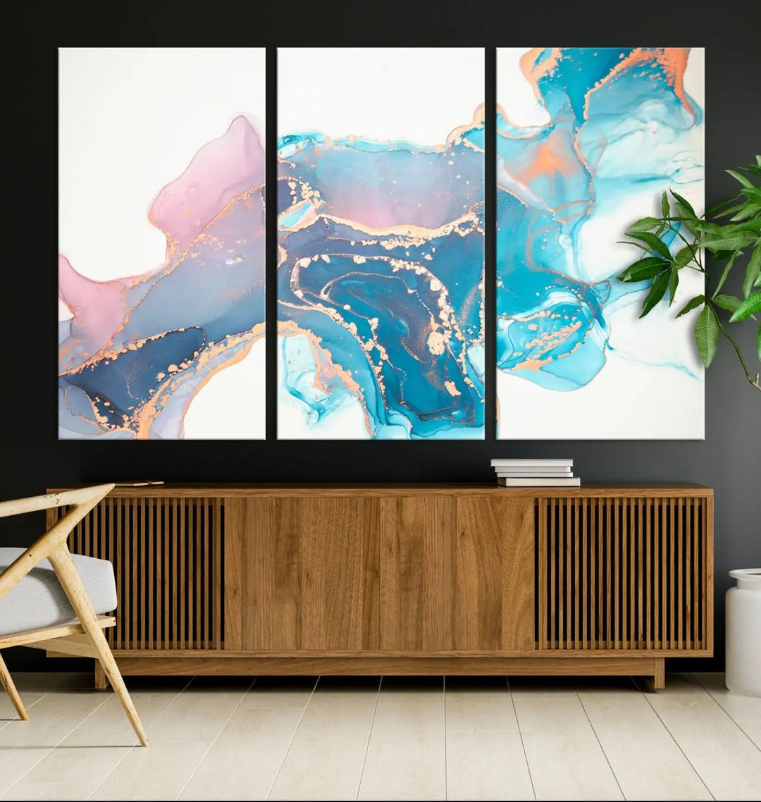 The "Pink and Blue Marble Fluid Effect Wall Art Abstract Canvas Wall Art Print," coated with UV protection, is displayed.