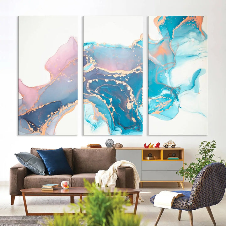 The "Pink and Blue Marble Fluid Effect Wall Art Abstract Canvas Wall Art Print," coated with UV protection, is displayed.