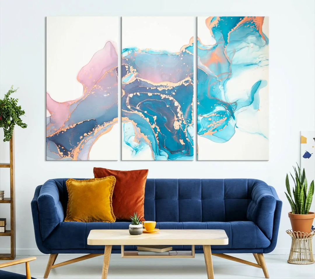 The "Pink and Blue Marble Fluid Effect Wall Art Abstract Canvas Wall Art Print," coated with UV protection, is displayed.