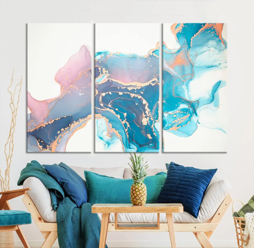 The "Pink and Blue Marble Fluid Effect Wall Art Abstract Canvas Wall Art Print," coated with UV protection, is displayed.