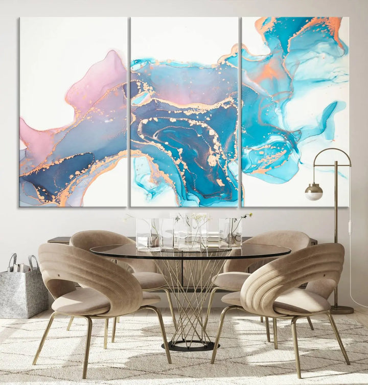 The "Pink and Blue Marble Fluid Effect Wall Art Abstract Canvas Wall Art Print," coated with UV protection, is displayed.