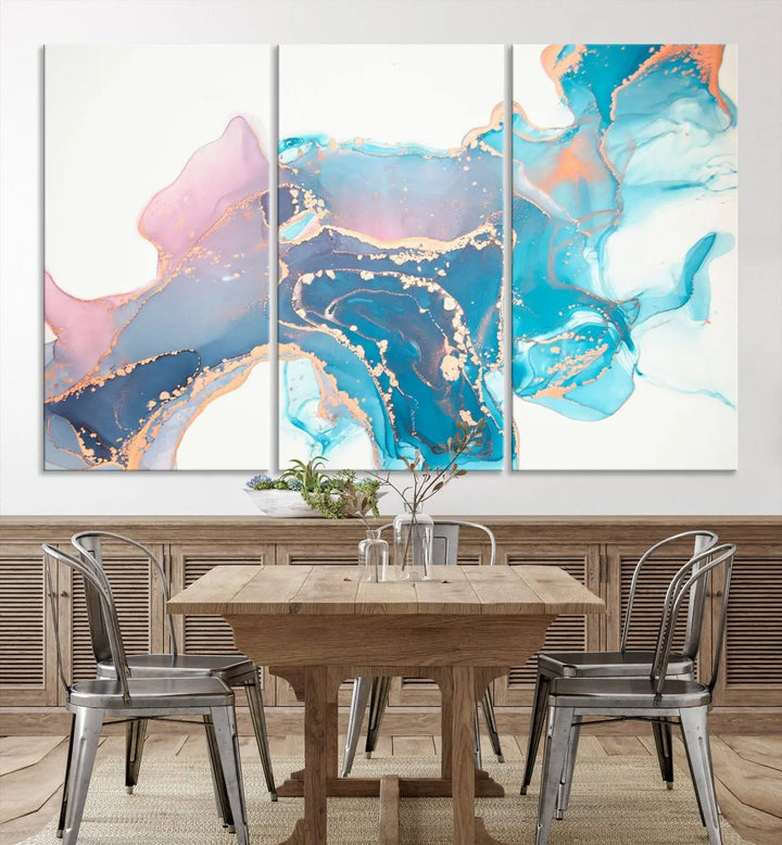 The "Pink and Blue Marble Fluid Effect Wall Art Abstract Canvas Wall Art Print," coated with UV protection, is displayed.