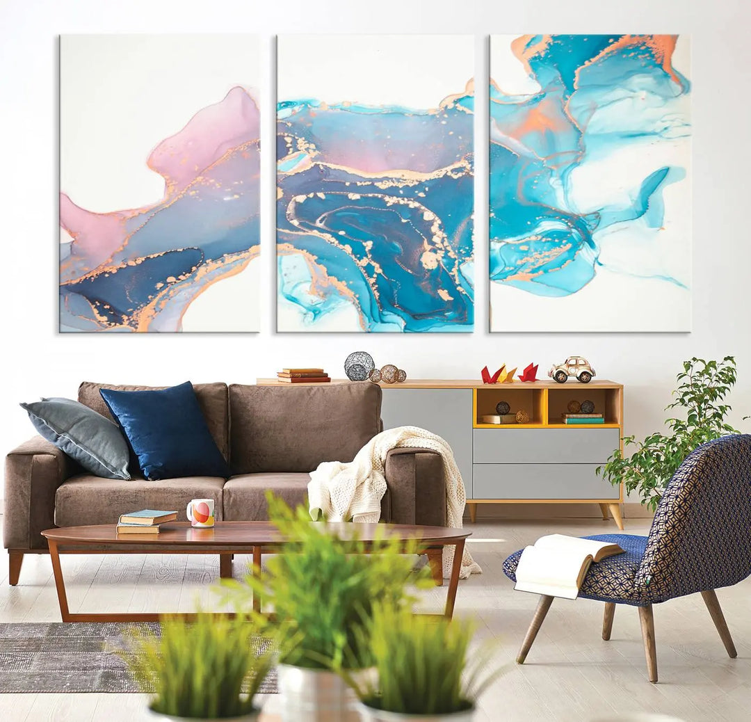 The "Pink and Blue Marble Fluid Effect Wall Art Abstract Canvas Wall Art Print," coated with UV protection, is displayed.