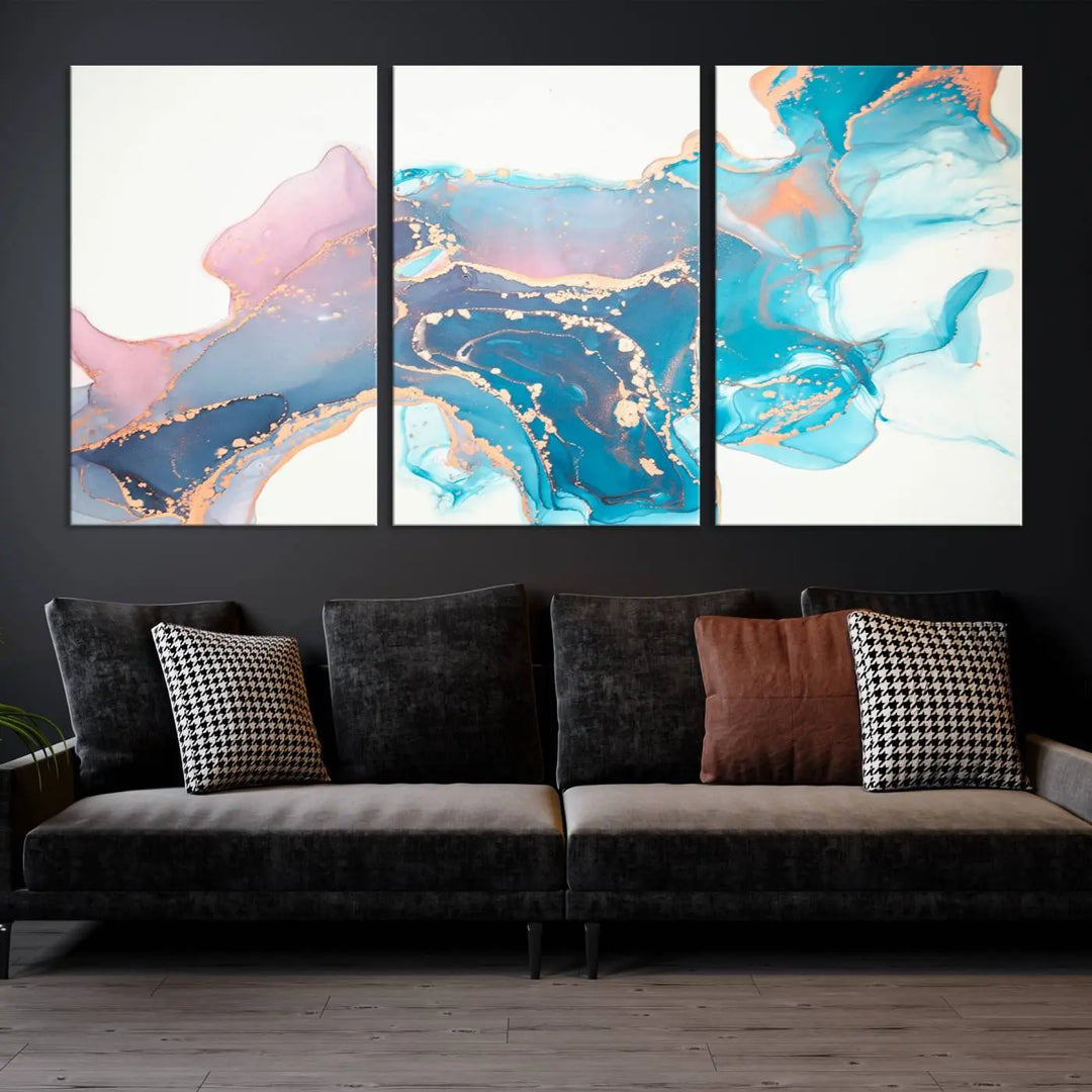 The "Pink and Blue Marble Fluid Effect Wall Art Abstract Canvas Wall Art Print," coated with UV protection, is displayed.