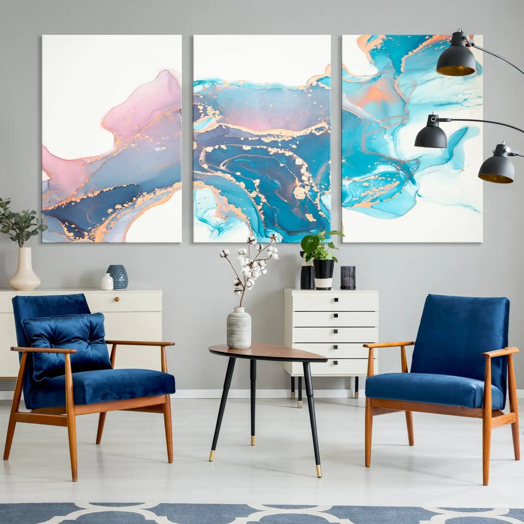 The "Pink and Blue Marble Fluid Effect Wall Art Abstract Canvas Wall Art Print," coated with UV protection, is displayed.