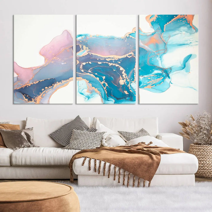 The "Pink and Blue Marble Fluid Effect Wall Art Abstract Canvas Wall Art Print," coated with UV protection, is displayed.