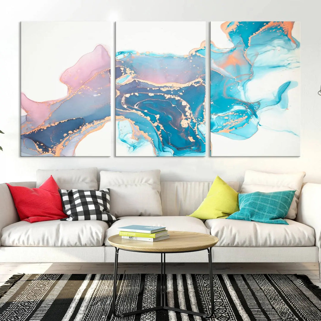 The "Pink and Blue Marble Fluid Effect Wall Art Abstract Canvas Wall Art Print," coated with UV protection, is displayed.