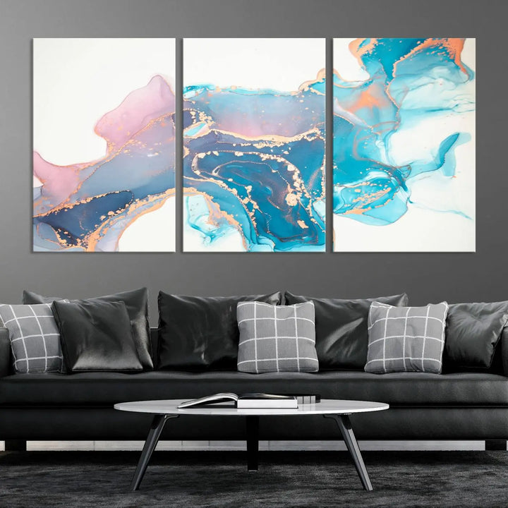 The "Pink and Blue Marble Fluid Effect Wall Art Abstract Canvas Wall Art Print," coated with UV protection, is displayed.