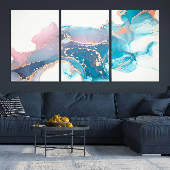 The "Pink and Blue Marble Fluid Effect Wall Art Abstract Canvas Wall Art Print," coated with UV protection, is displayed.