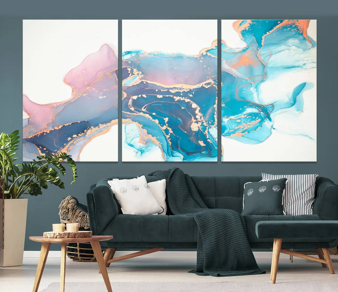 The "Pink and Blue Marble Fluid Effect Wall Art Abstract Canvas Wall Art Print," coated with UV protection, is displayed.