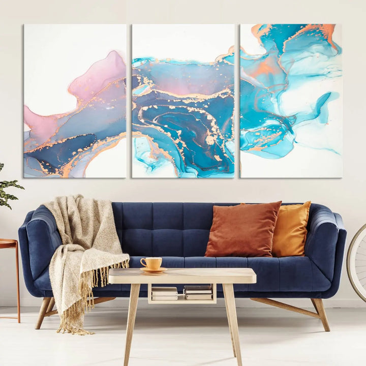 The "Pink and Blue Marble Fluid Effect Wall Art Abstract Canvas Wall Art Print," coated with UV protection, is displayed.