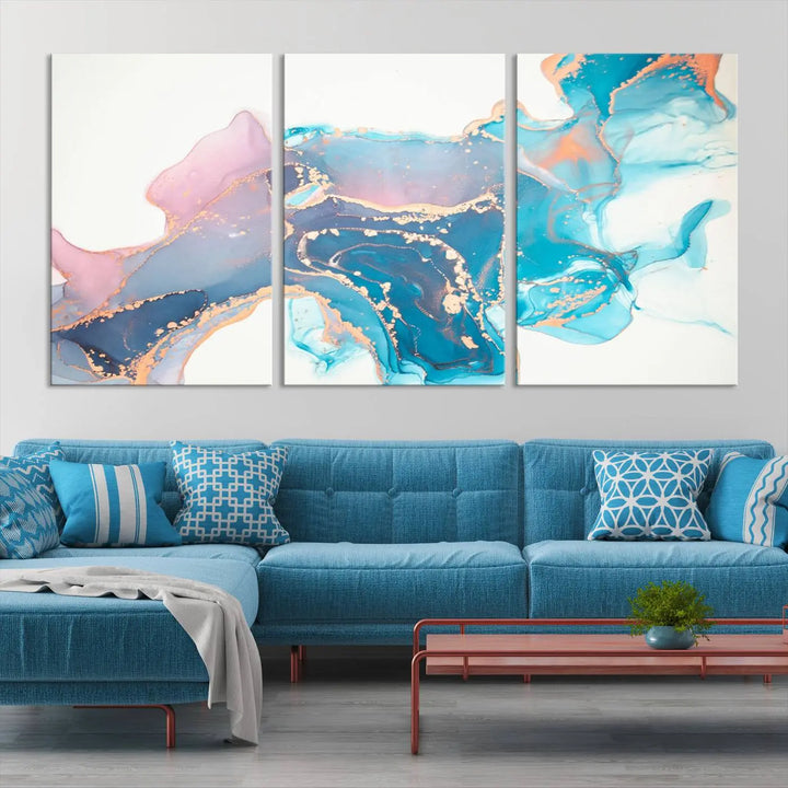 The "Pink and Blue Marble Fluid Effect Wall Art Abstract Canvas Wall Art Print," coated with UV protection, is displayed.