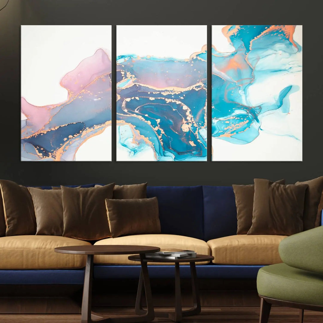 The "Pink and Blue Marble Fluid Effect Wall Art Abstract Canvas Wall Art Print," coated with UV protection, is displayed.