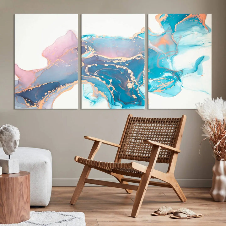 The "Pink and Blue Marble Fluid Effect Wall Art Abstract Canvas Wall Art Print," coated with UV protection, is displayed.