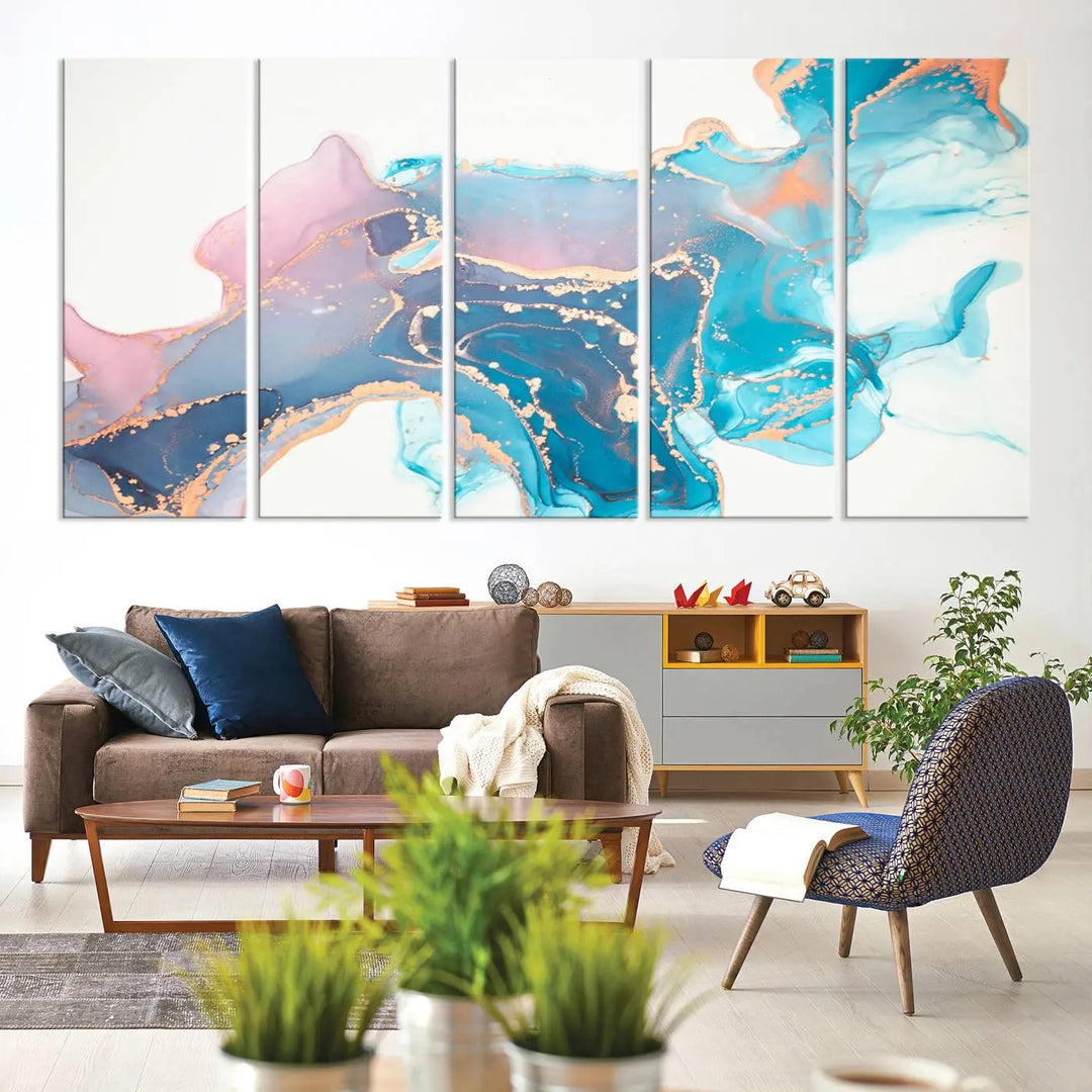 The "Pink and Blue Marble Fluid Effect Wall Art Abstract Canvas Wall Art Print," coated with UV protection, is displayed.