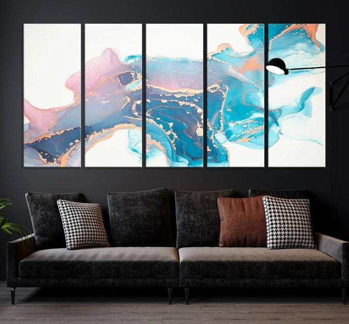 The "Pink and Blue Marble Fluid Effect Wall Art Abstract Canvas Wall Art Print," coated with UV protection, is displayed.