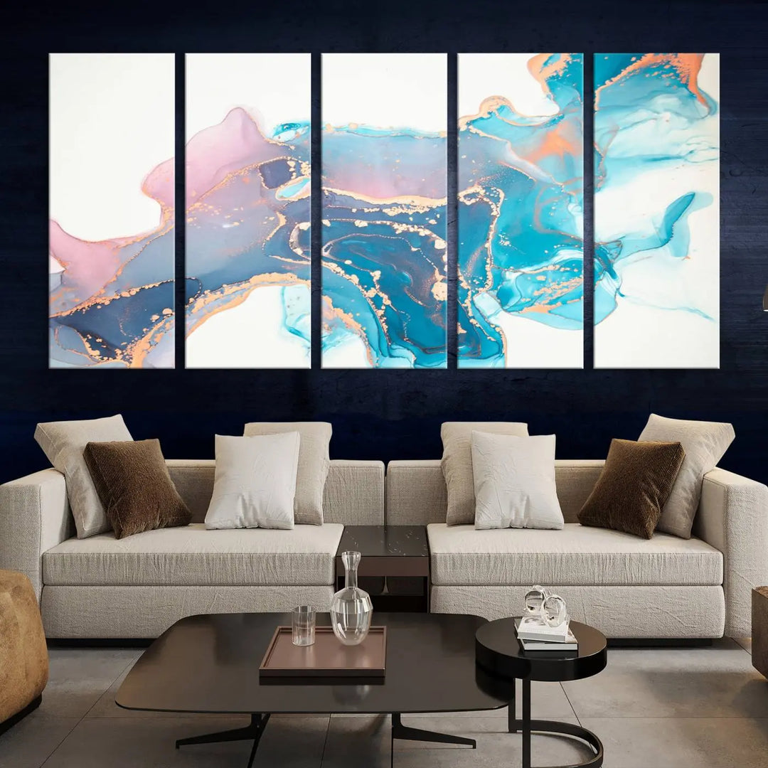 The "Pink and Blue Marble Fluid Effect Wall Art Abstract Canvas Wall Art Print," coated with UV protection, is displayed.