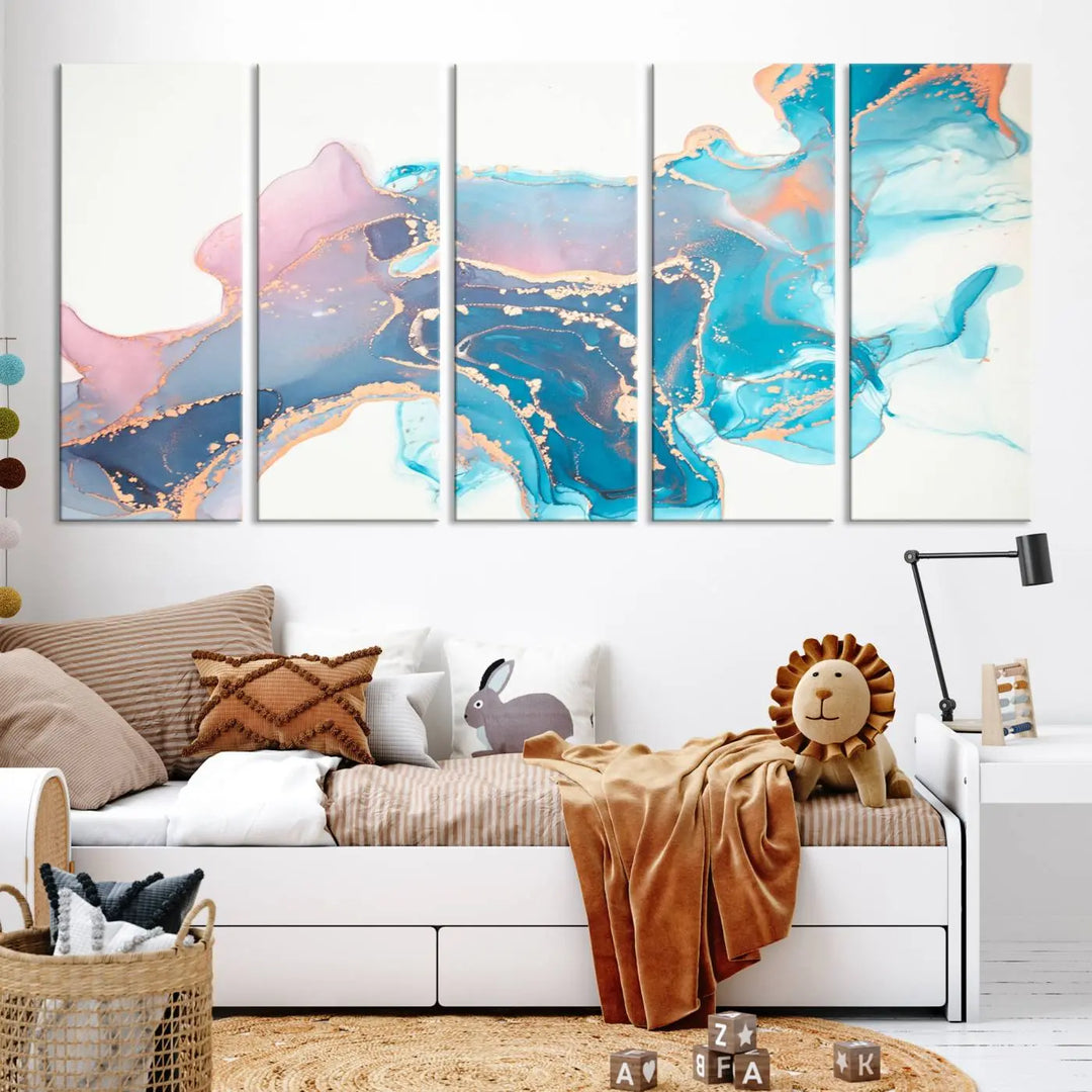 The "Pink and Blue Marble Fluid Effect Wall Art Abstract Canvas Wall Art Print," coated with UV protection, is displayed.