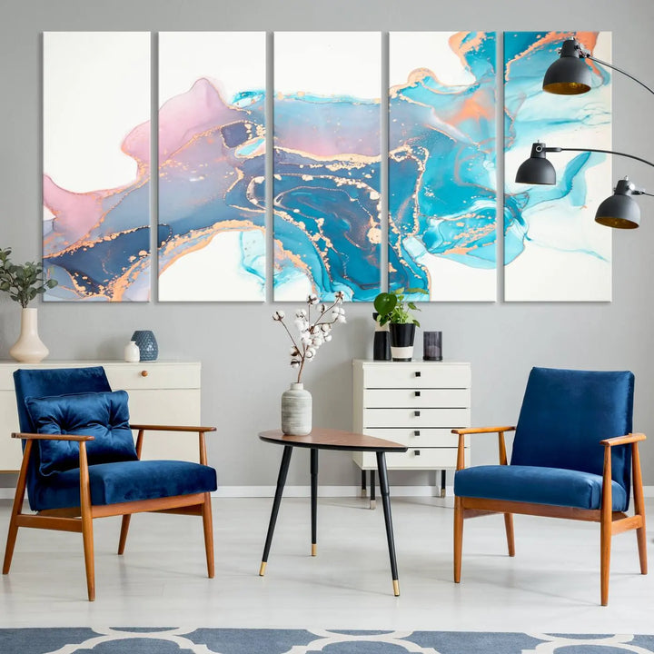 The "Pink and Blue Marble Fluid Effect Wall Art Abstract Canvas Wall Art Print," coated with UV protection, is displayed.