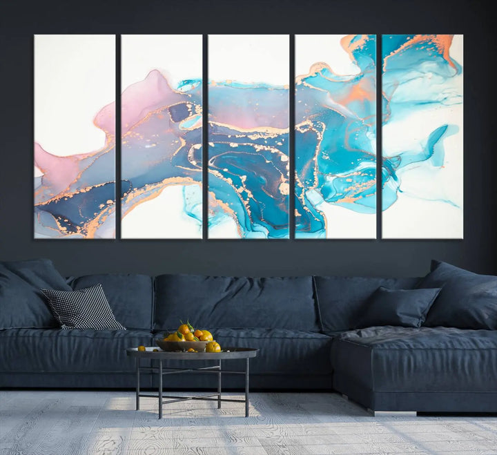 The "Pink and Blue Marble Fluid Effect Wall Art Abstract Canvas Wall Art Print," coated with UV protection, is displayed.