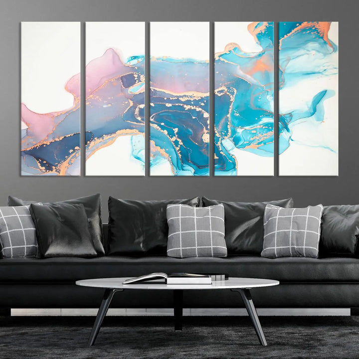 The "Pink and Blue Marble Fluid Effect Wall Art Abstract Canvas Wall Art Print," coated with UV protection, is displayed.