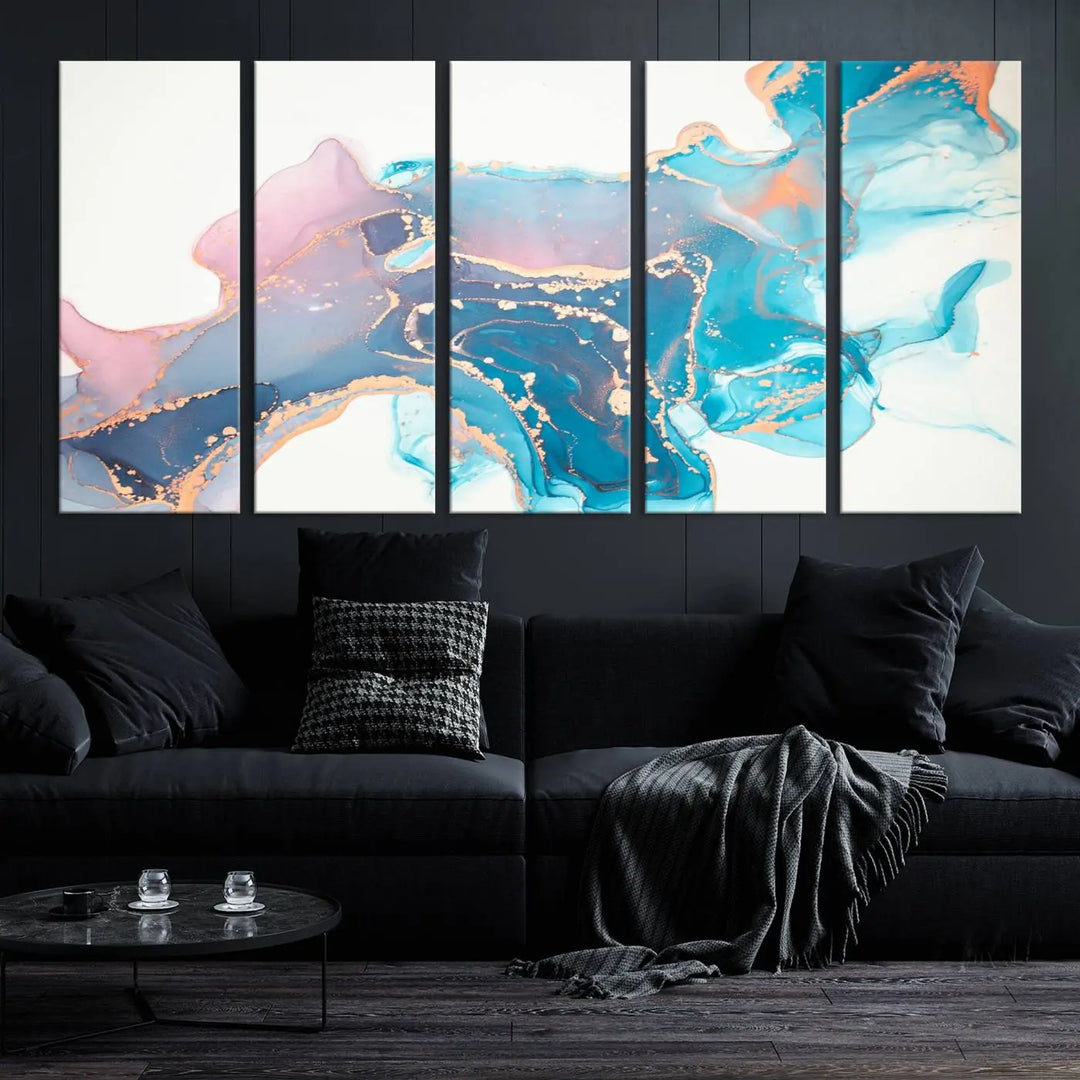 The "Pink and Blue Marble Fluid Effect Wall Art Abstract Canvas Wall Art Print," coated with UV protection, is displayed.