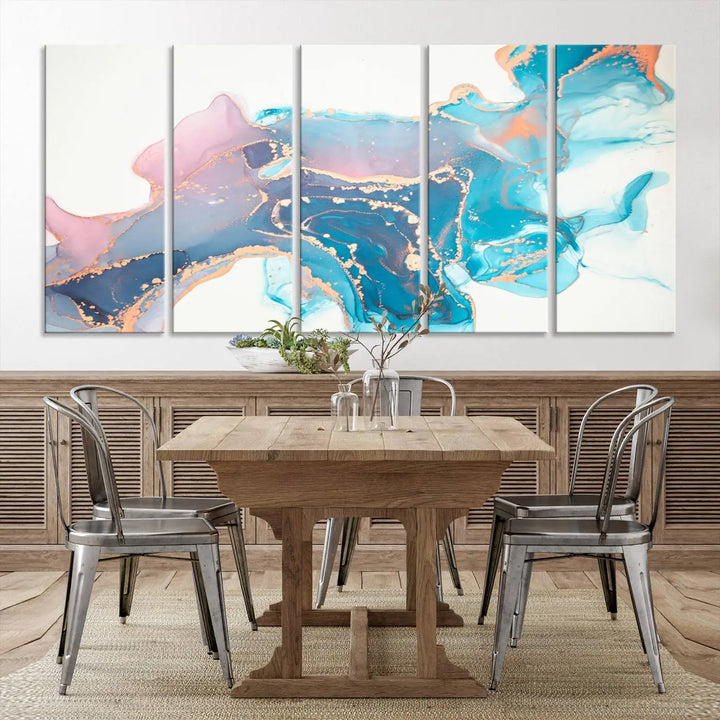 The "Pink and Blue Marble Fluid Effect Wall Art Abstract Canvas Wall Art Print," coated with UV protection, is displayed.