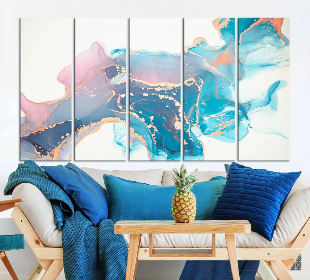 The "Pink and Blue Marble Fluid Effect Wall Art Abstract Canvas Wall Art Print," coated with UV protection, is displayed.