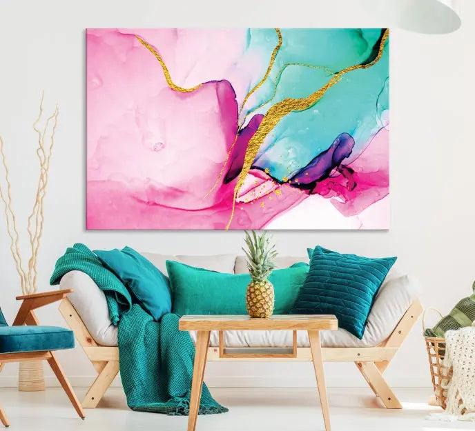 The Pink and Gold Marble Fluid Effect Wall Art Abstract Canvas Wall Art Print embellishes the space with its stunning design. Created on museum-quality canvas, this gallery-wrapped piece includes a UV-protective coating to maintain its vivid colors.