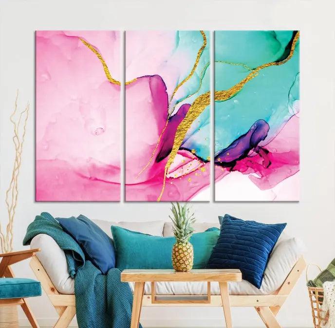 The Pink and Gold Marble Fluid Effect Wall Art Abstract Canvas Wall Art Print embellishes the space with its stunning design. Created on museum-quality canvas, this gallery-wrapped piece includes a UV-protective coating to maintain its vivid colors.