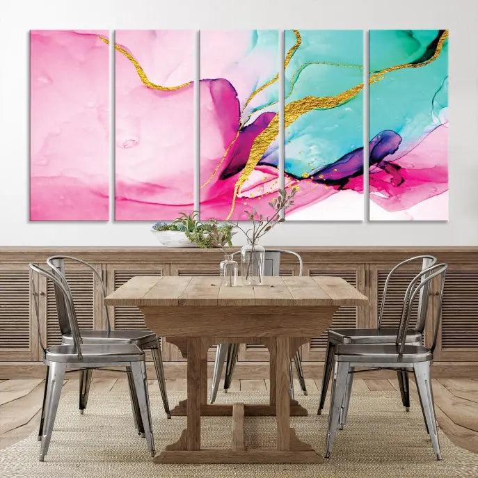 The Pink and Gold Marble Fluid Effect Wall Art Abstract Canvas Wall Art Print embellishes the space with its stunning design. Created on museum-quality canvas, this gallery-wrapped piece includes a UV-protective coating to maintain its vivid colors.