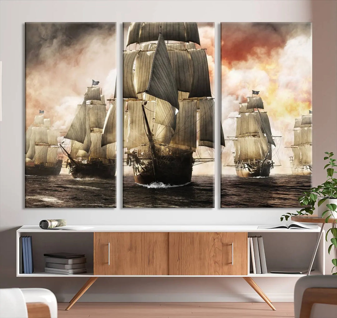 The Pirate Fleet Canvas Wall Art Print is a vintage nautical painting featuring pirate ships navigating through stormy seas. Rendered on museum-quality canvas, it boasts dramatic clouds and bright light and includes a UV-protective coating to maintain its vibrant colors.