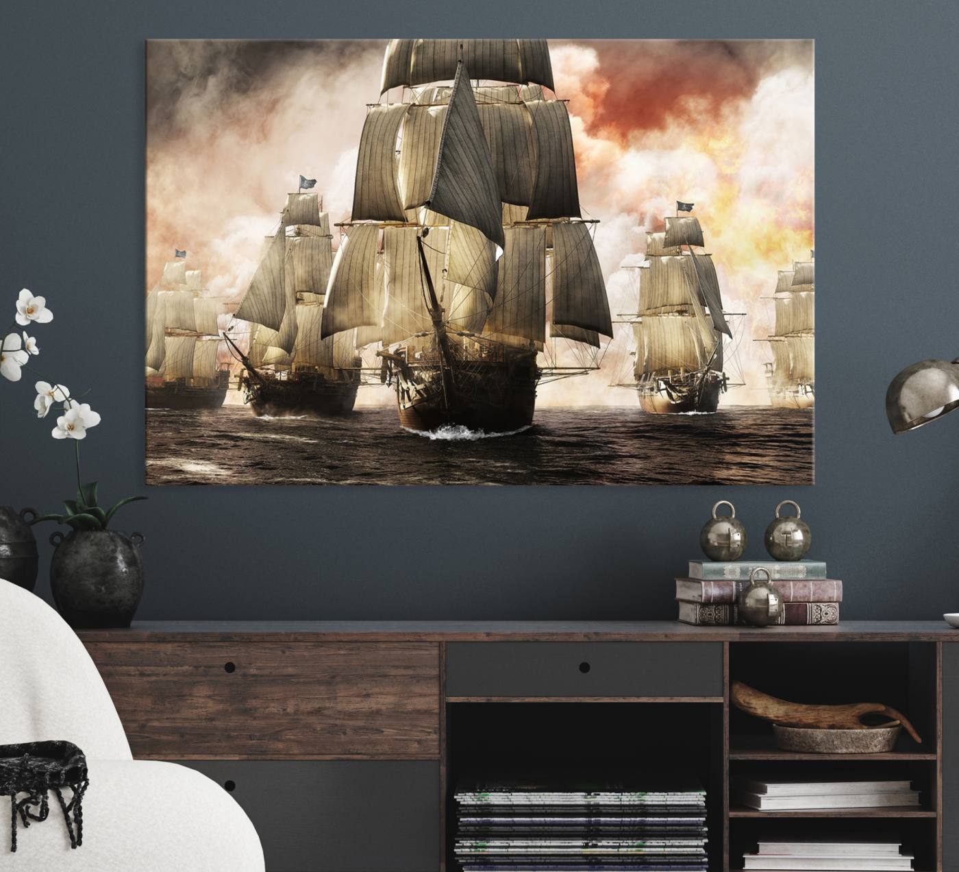 94180-MGV-CV-36X24-Pirate Fleet Canvas Wall Art Print Pirate Ships Canvas Print Vintage Painting Art Nautical Wall Art