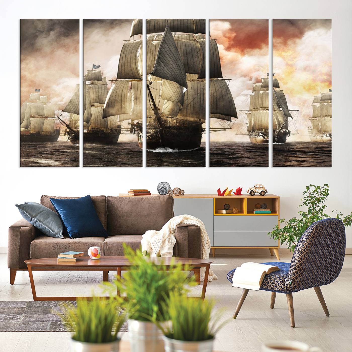 94180-MGV-CV-60X31-5P-Pirate Fleet Canvas Wall Art Print Pirate Ships Canvas Print Vintage Painting Art Nautical Wall Art