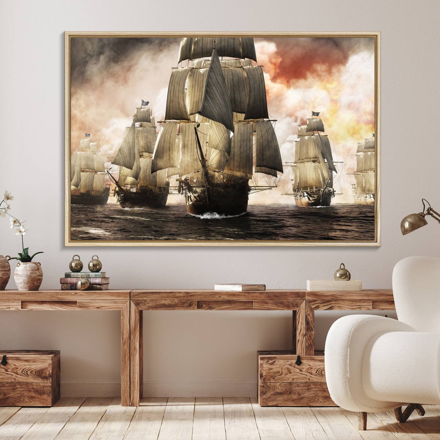 94180-MGV-FC-36X24_Natural-Pirate Fleet Canvas Wall Art Print Pirate Ships Canvas Print Vintage Painting Art Nautical Wall Art