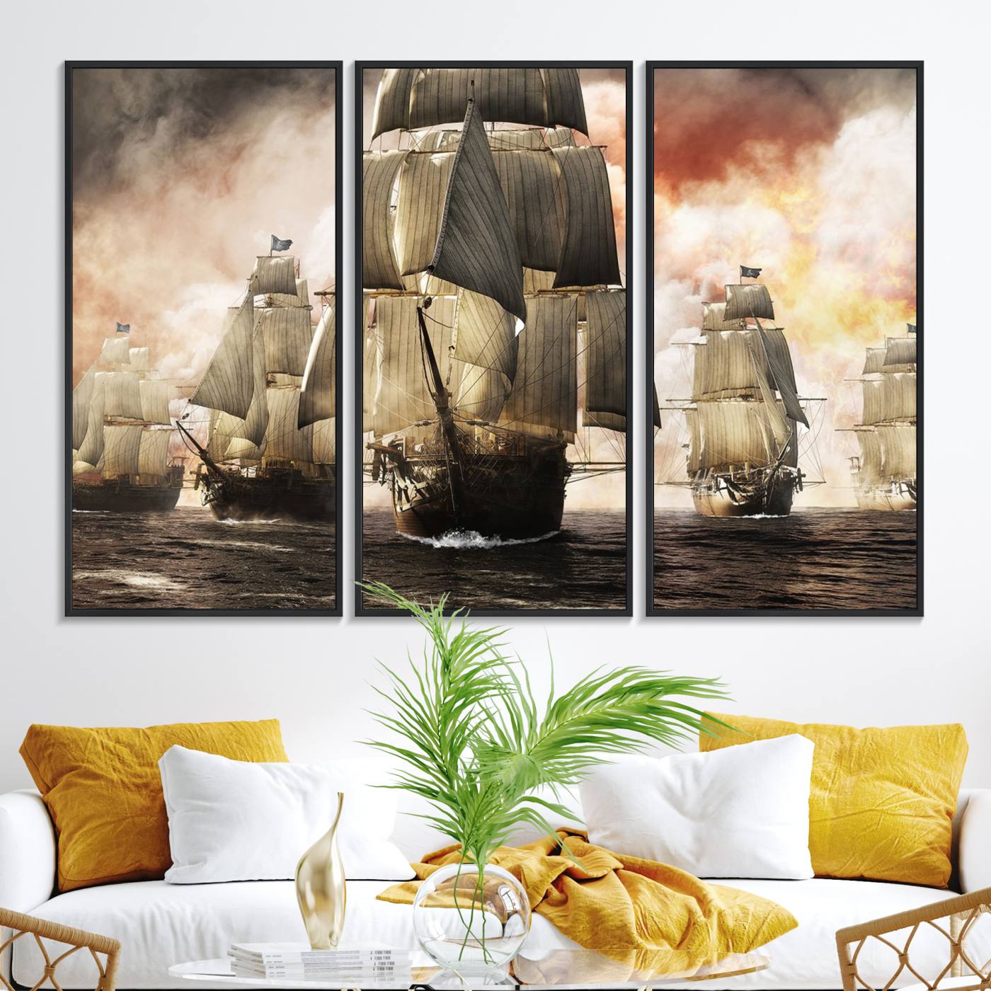 94180-MGV-FC-48X32-3P_Black-Pirate Fleet Canvas Wall Art Print Pirate Ships Canvas Print Vintage Painting Art Nautical Wall Art