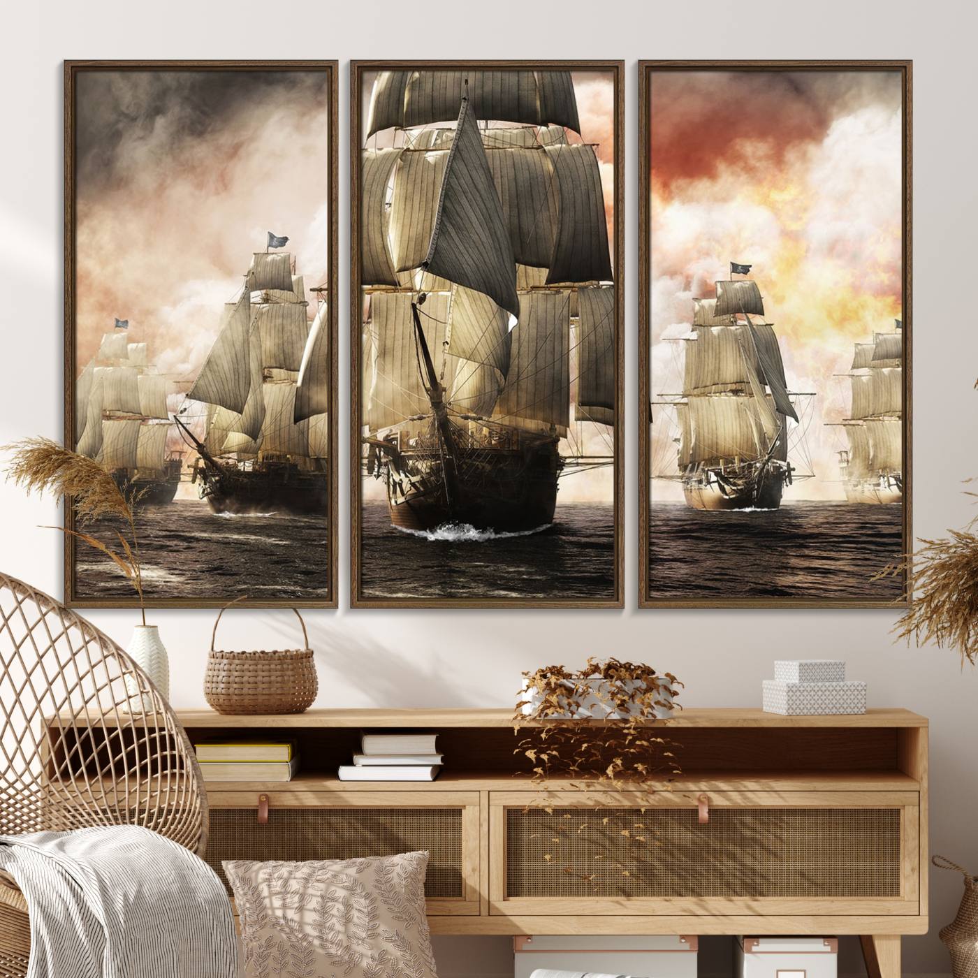 94180-MGV-FC-48X32-3P_Walnut-Pirate Fleet Canvas Wall Art Print Pirate Ships Canvas Print Vintage Painting Art Nautical Wall Art