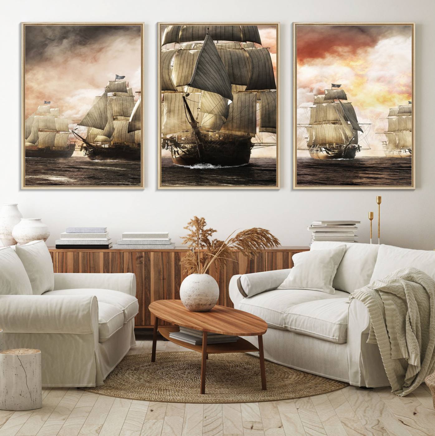 94180-MGV-FC-60X30-3P_Natural-Pirate Fleet Canvas Wall Art Print Pirate Ships Canvas Print Vintage Painting Art Nautical Wall Art