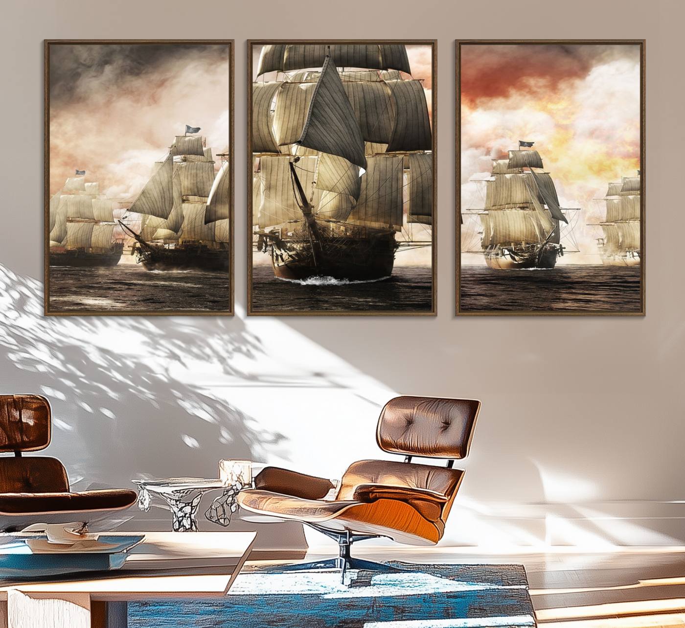 94180-MGV-FC-60X30-3P_Walnut-Pirate Fleet Canvas Wall Art Print Pirate Ships Canvas Print Vintage Painting Art Nautical Wall Art
