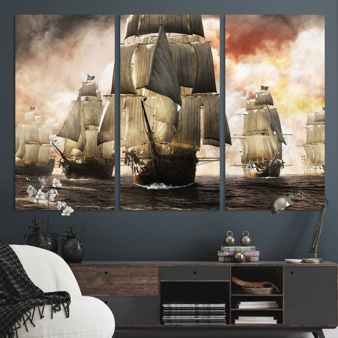 Pirate Fleet Canvas Wall Art Print Pirate Ships Canvas Print Vintage Painting Art Nautical Wall Art