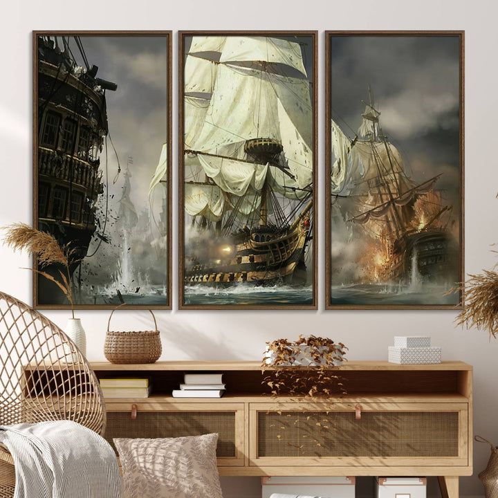 26512-MGV-FC-48X32-3P_Walnut-Pirate Ship War Wall Art Canvas Print