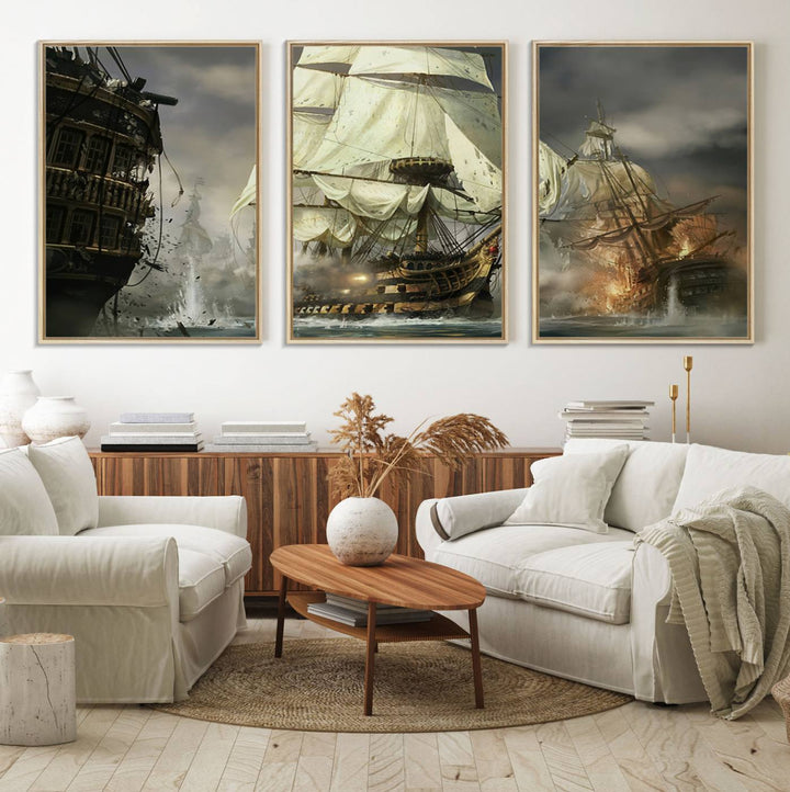 26512-MGV-FC-60X30-3P_Natural-Pirate Ship War Wall Art Canvas Print