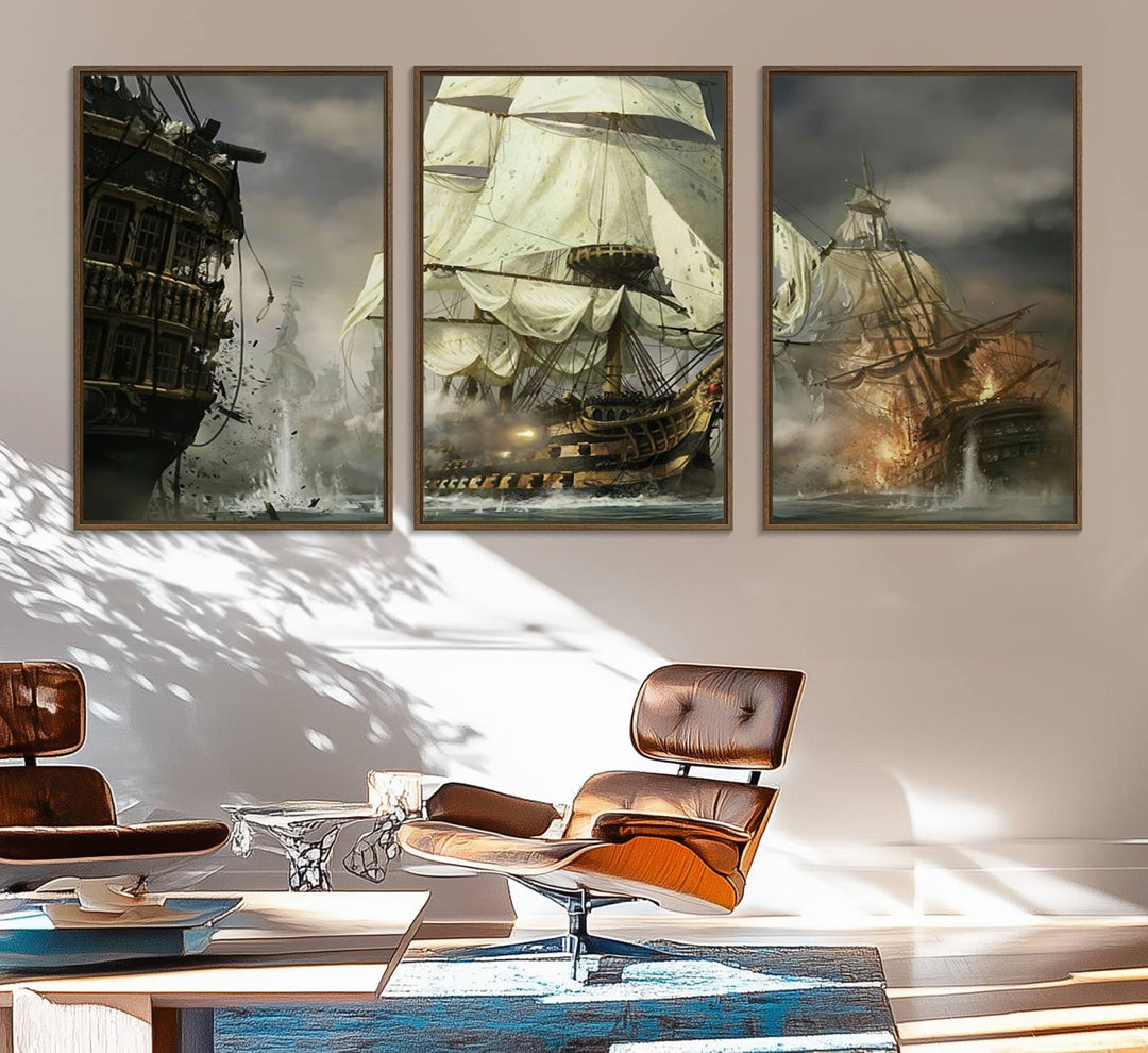 26512-MGV-FC-60X30-3P_Walnut-Pirate Ship War Wall Art Canvas Print