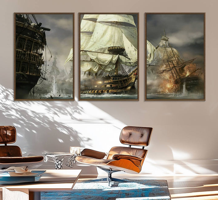 26512-MGV-FC-60X30-3P_Walnut-Pirate Ship War Wall Art Canvas Print