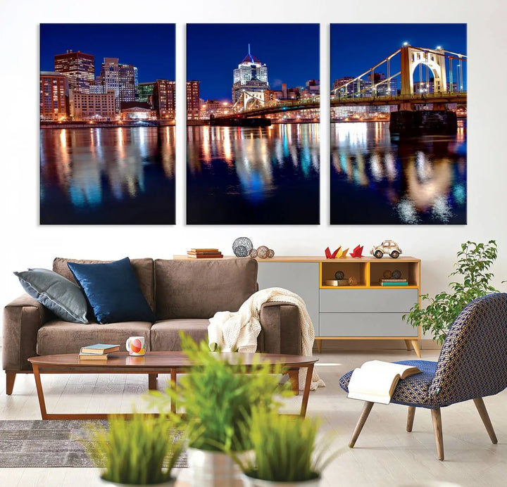 This living room showcases the striking "Pittsburgh City Canvas Wall Art Pittsburgh Skyline Canvas Print" on museum-quality canvases.