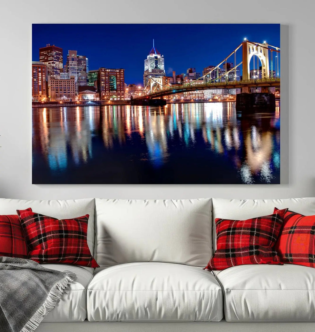 This living room showcases the striking "Pittsburgh City Canvas Wall Art Pittsburgh Skyline Canvas Print" on museum-quality canvases.