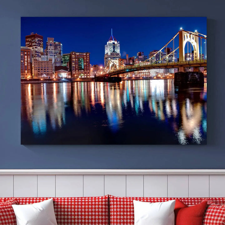 This living room showcases the striking "Pittsburgh City Canvas Wall Art Pittsburgh Skyline Canvas Print" on museum-quality canvases.