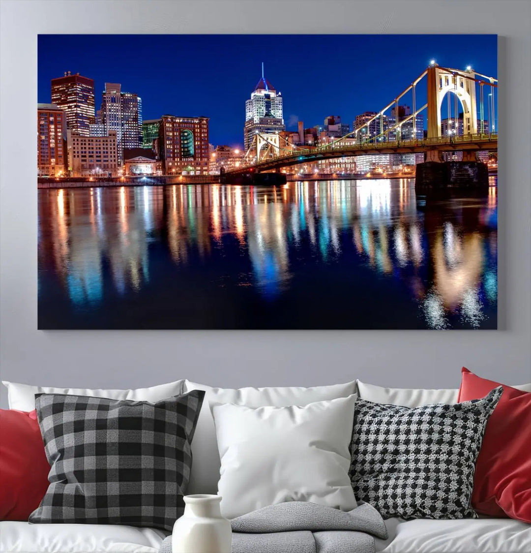 This living room showcases the striking "Pittsburgh City Canvas Wall Art Pittsburgh Skyline Canvas Print" on museum-quality canvases.