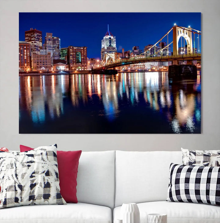 This living room showcases the striking "Pittsburgh City Canvas Wall Art Pittsburgh Skyline Canvas Print" on museum-quality canvases.